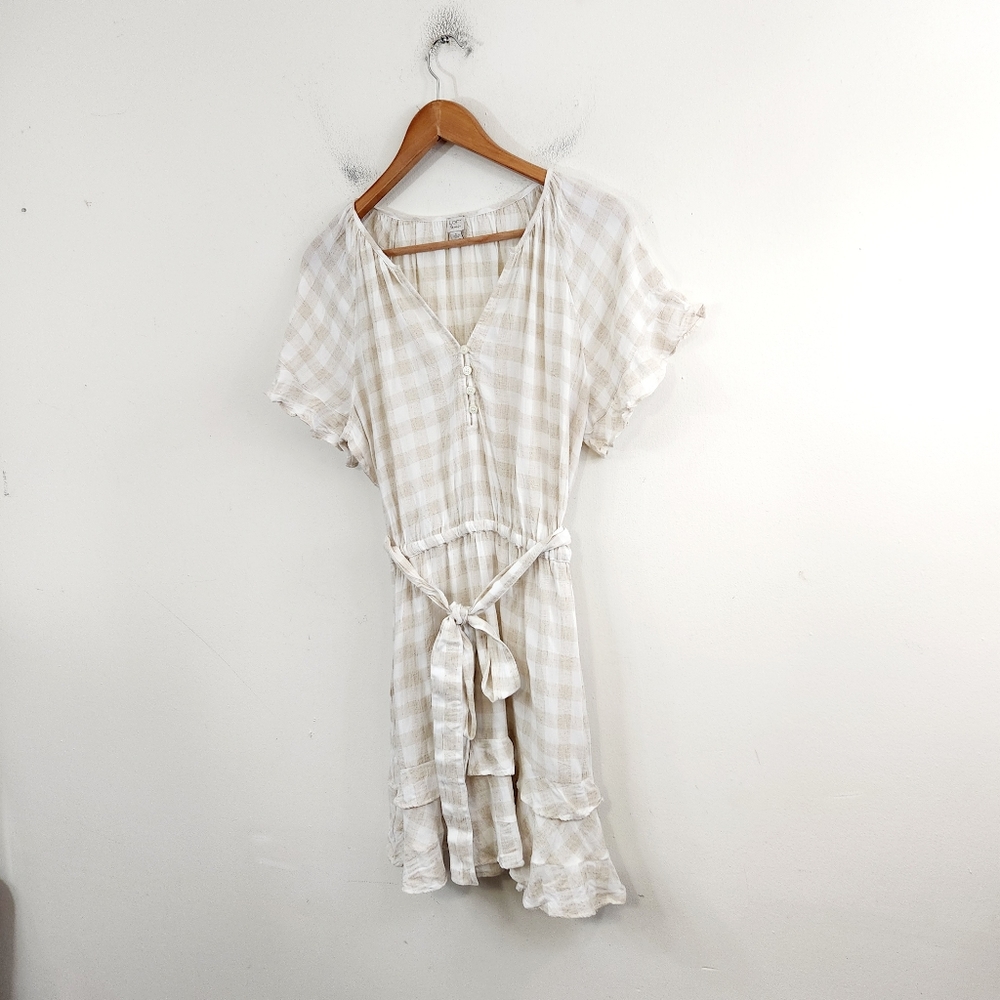 LOFT Beach Cream and White Gingham Tie-Waist Dress with ruffles